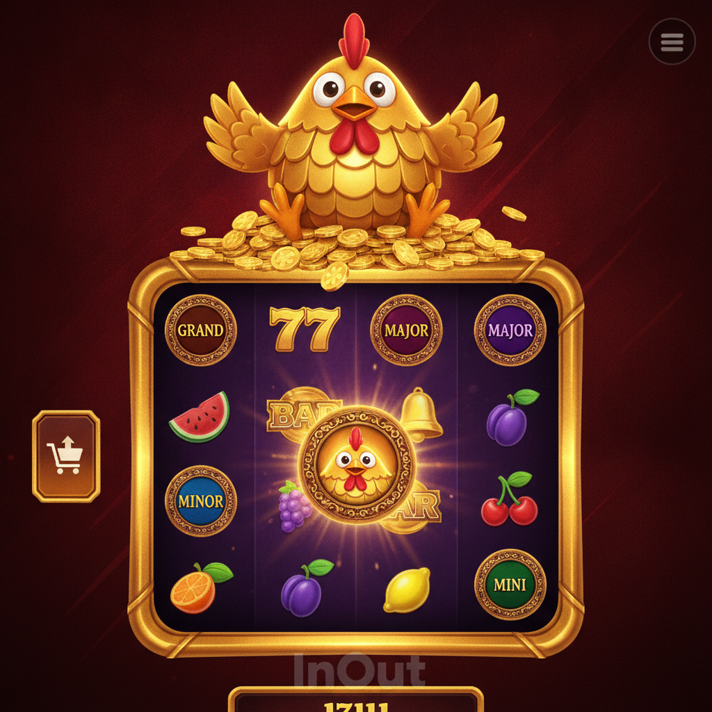 Chicken Coin Hold and Win slot con gallina dorata su monete d'oro, griglia 3x4, simboli speciali Super Chicken Coin e jackpot GRAND MAJOR MINOR MINI