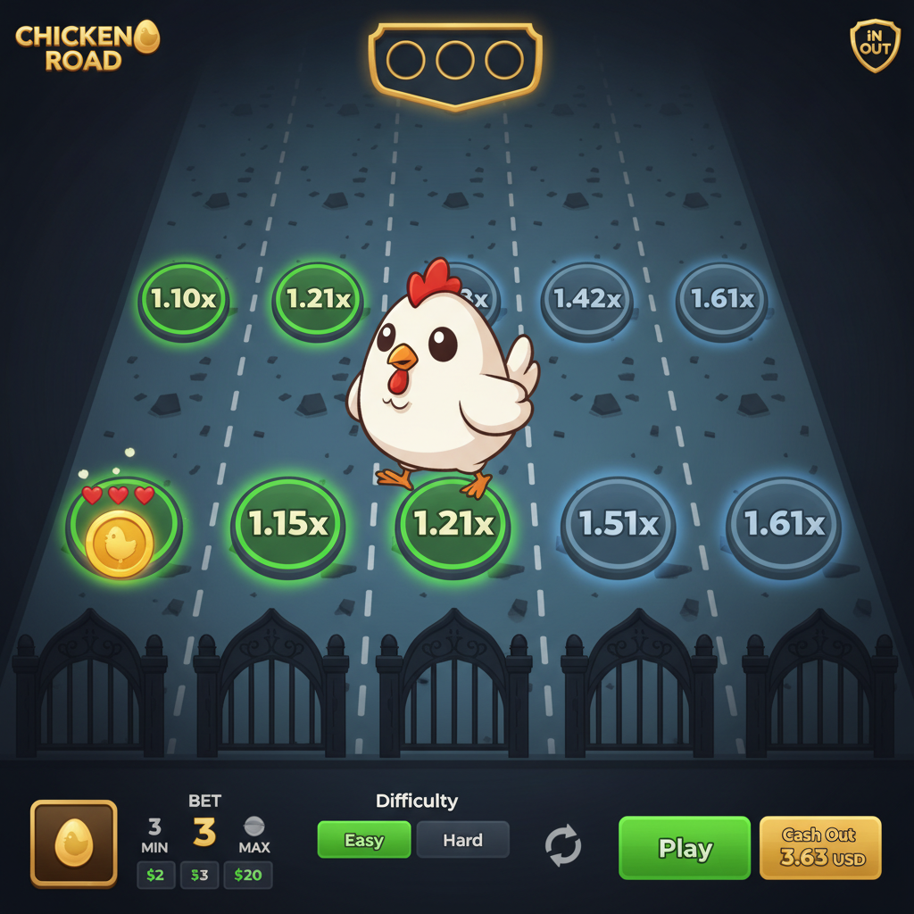 Chicken Road Bonus: gallina bianca che attraversa corsie stradali con moltiplicatori crescenti e monete bonus dorate