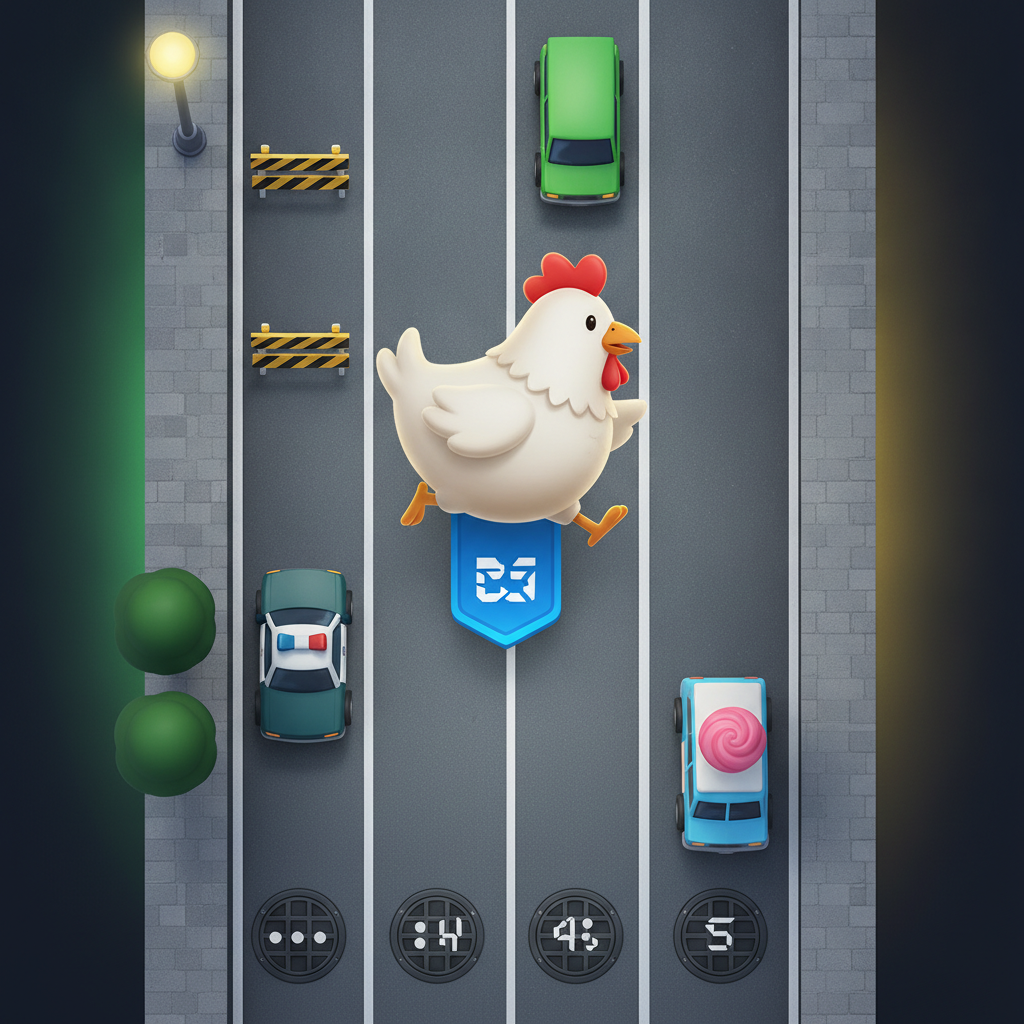 Chicken Road gioco instant win con pollo che attraversa strada urbana multi-corsia con moltiplicatori crescenti e veicoli ostacolo