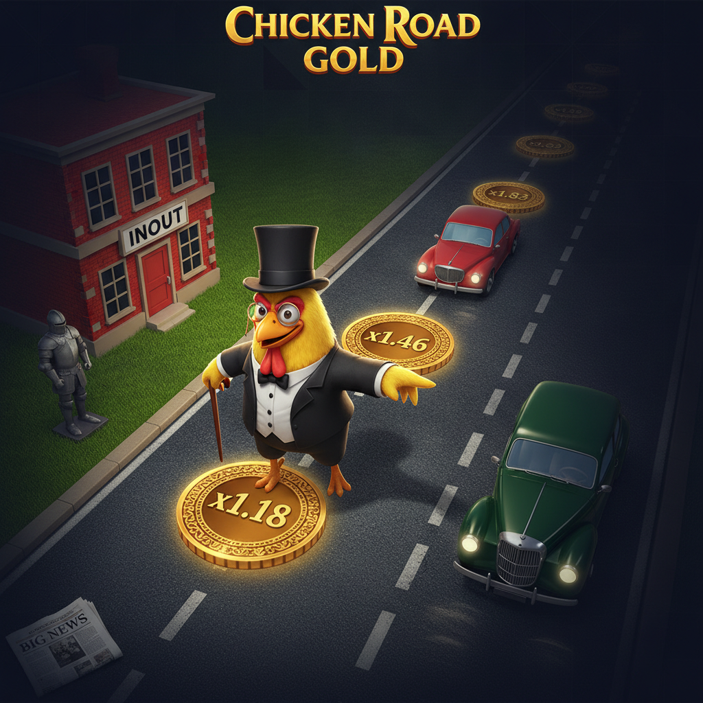 Chicken Road Gold, pollo elegante con cilindro e bastone attraversa strada urbana raccogliendo monete moltiplicatore dorate