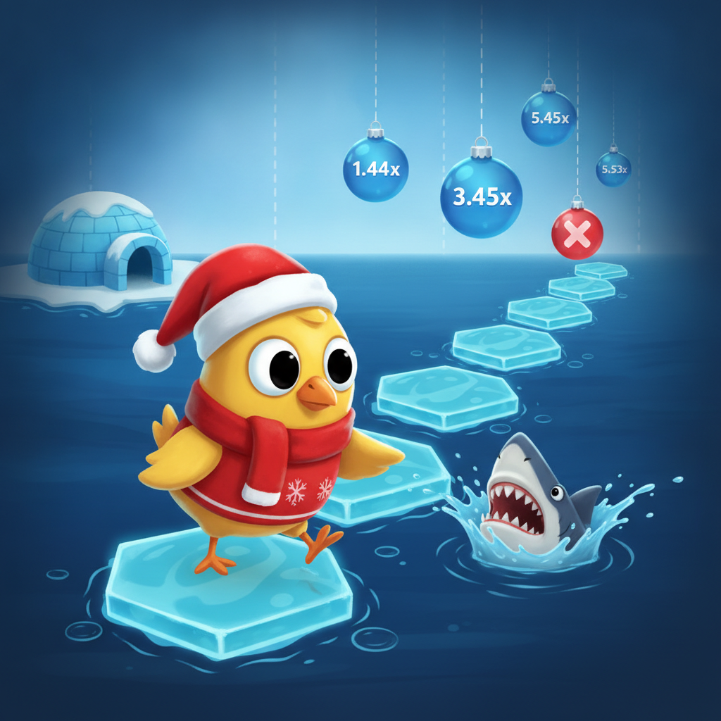Chicken Road Ice: pollo natalizio con cappello da Babbo Natale attraversa lastre di ghiaccio galleggianti sull'acqua artica con moltiplicatori crescenti e pericoli nascosti