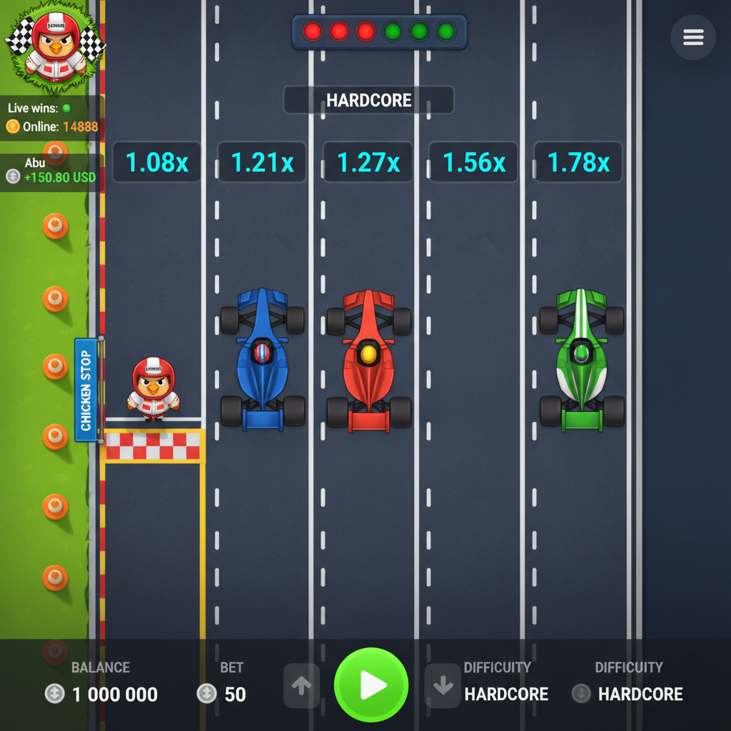Chicken Road Race slot game con pollo in casco rosso che attraversa autostrada con moltiplicatori progressivi e semafori