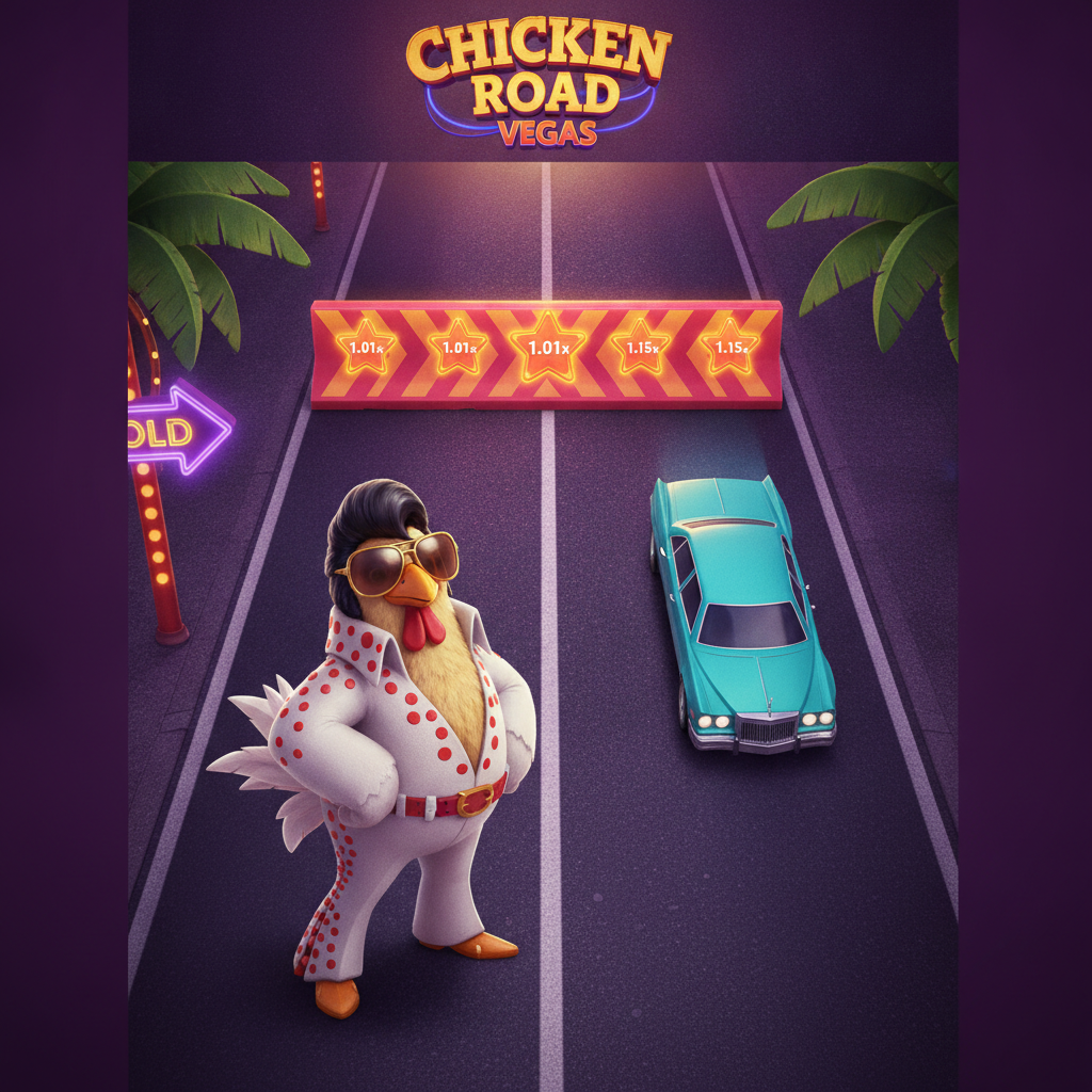 Chicken Road Vegas slot game con pollo Elvis che attraversa strada di Las Vegas con auto di lusso, moltiplicatori stelle arancioni e sfondo neon viola