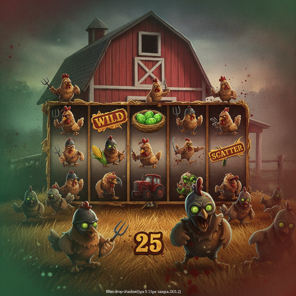 Chicken Road Zombies slot con galline combattenti, zombie affamati, fienile rosso e simboli wild scatter su 25 linee di pagamento