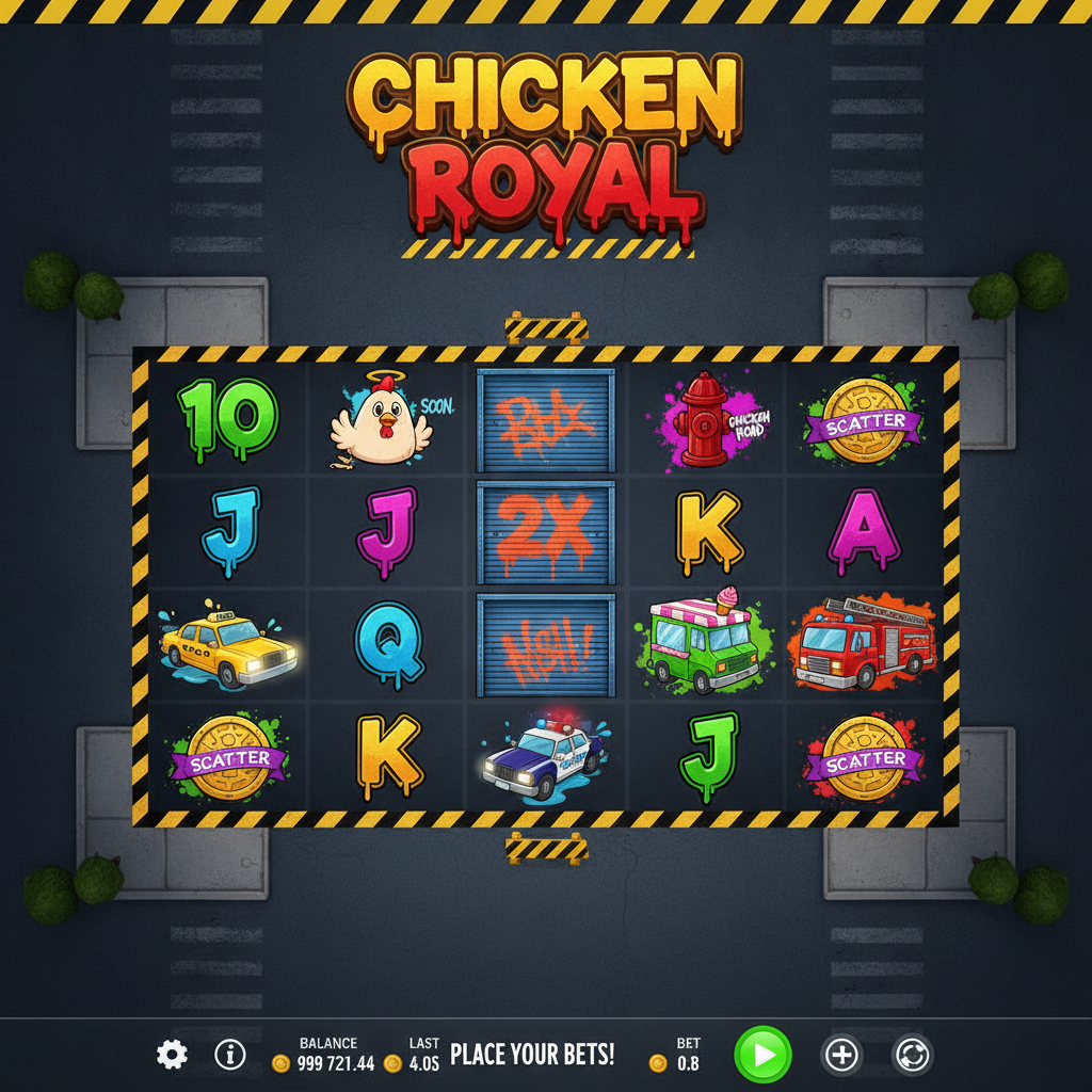 Chicken Royal slot con pollo cartoon che attraversa strada urbana, taxi giallo, autopompa rossa, simboli graffiti e moltiplicatori Wild x2 x3