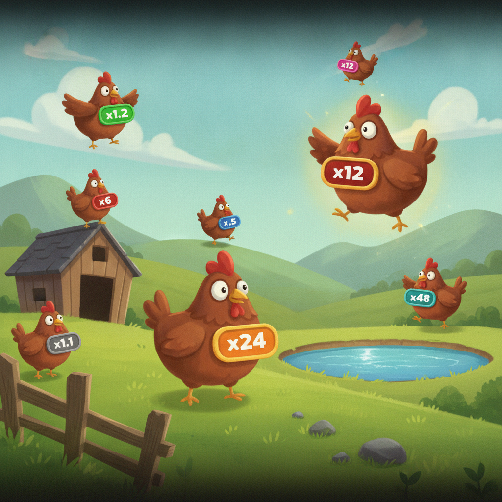 Chicken Shoot slot game con galline cartoon che portano moltiplicatori da x1.1 a x48 su sfondo di fattoria con cielo azzurro, colline verdi e capanno di legno